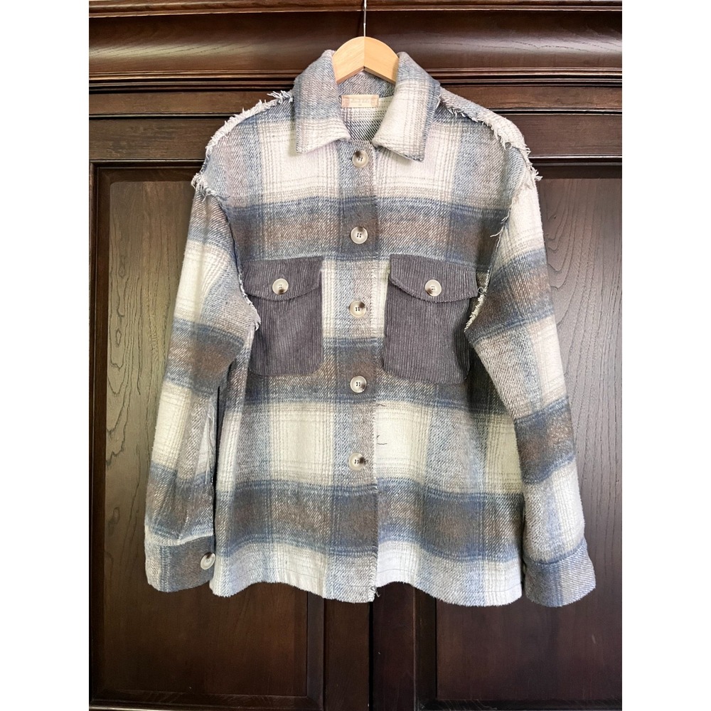 Altar'd State Plaid Oversized Shacket Jacket Womens XS Fall Blue Gray Cream Soft